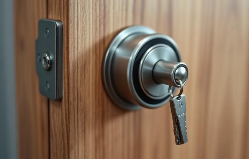 Modernes Sicherheitsschloss mit Schlüssel an einer Holztür